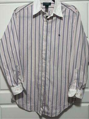 Ralph Lauren Pink and Navy Striped Cotton Dress Shirt with White Collar